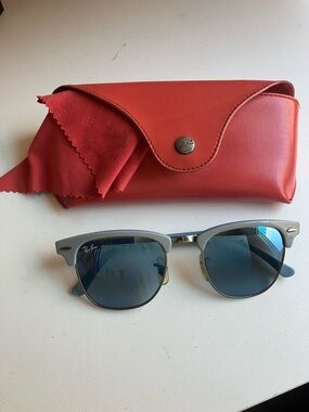 Baby Blue Ray-Ban Clubmaster Sunglasses with Red Case and Blue Lenses